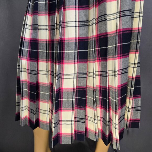 Vintage 80s Long Wool Pleated Plaid Tartan Skirt Size S Blue Pink White - Picture 3 of 9